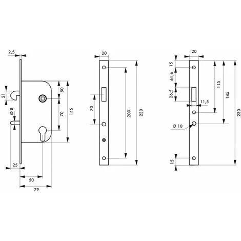 THIRARD - Serrure Encastrable Crochet à Cylindre Pour Porte Coulissante, Axe 50mm, Cylindre 30x30mm, Bouts Carrés, Noir, 3 Clés – Image 2