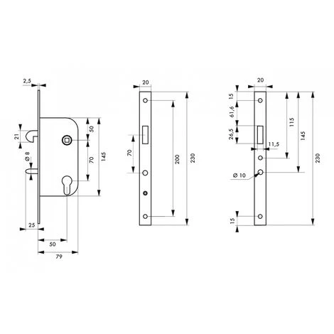 THIRARD - Serrure Encastrable Crochet à Cylindre Pour Porte Coulissante, Axe 50mm, Cylindre 30x30mm, Bouts Ronds, Noir, 3 Clés – Image 2