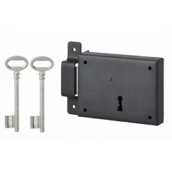 THIRARD - Serrure Horizontale En Applique à Clé Pour Porte De Cave, Pêne Seul, Gauche, Axe 60mm, 110x80mm, Noir, 2 Clés