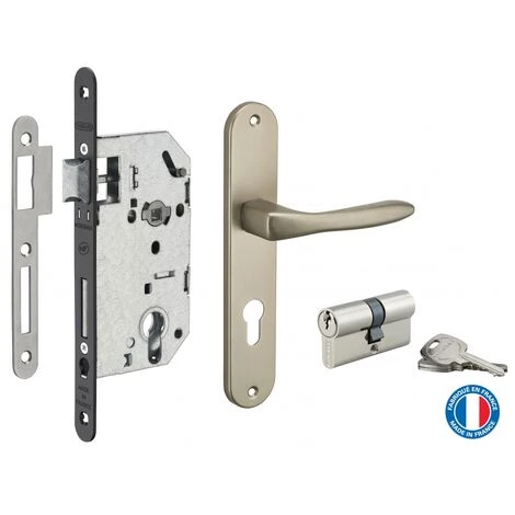 THIRARD - Garniture Serrure Encastrable Monomax NF à Cylindre Nickelé + Ensemble Poignées Thalia, Axe 50mm, Bouts Ronds, 3 Clés