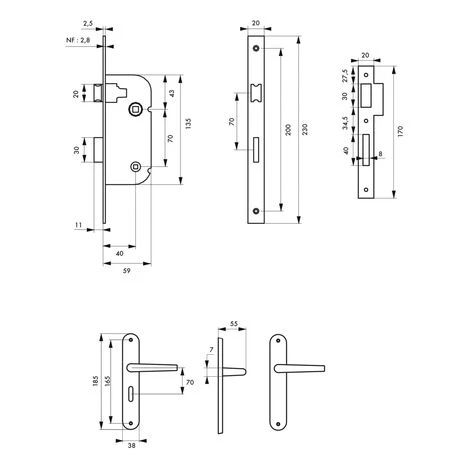 THIRARD - Garniture Serrure Encastrable à Condamnation + Ensemble Poignées Leto, Axe 40mm, Bouts Ronds, Zingué – Image 2