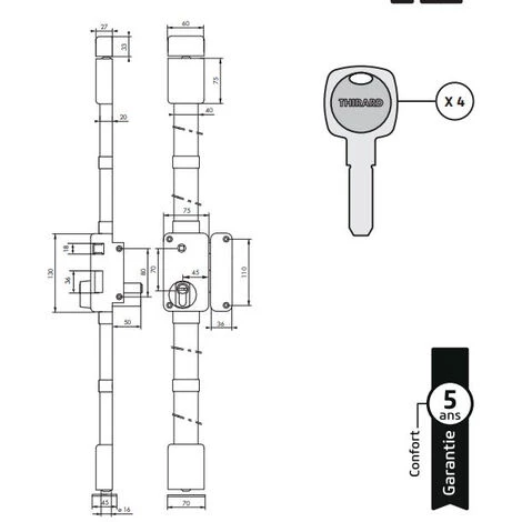 Serrure Verticale Beluga THIRARD - Cylindre Profil Européen - 3 Points - 75x130 - Fouillot - Droite - Blanche - 049511 – Image 2