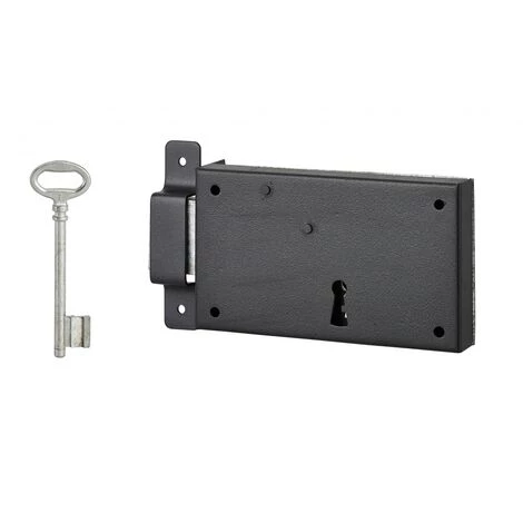 THIRARD - Serrure Horizontale En Applique à Clé Pour Porte De Cave, Pêne Seul, Gauche, Axe 80mm, 140x80mm, Noir, 1 Clé